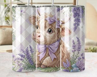 Cute Highland Cow Tumbler Wrap, Lavender Flowers 20oz Skinny Tumbler, Digital Download PNG, Bow Cow Sublimation Design, Seamless Pattern