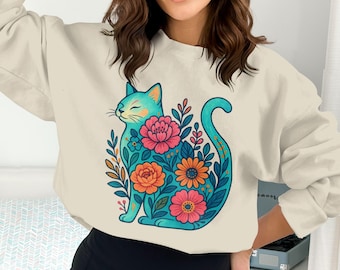 Floral Cat Png, Cat Clipart, Flower Cat, Cute Cat Png, Boho Floral Cat, Sublimation Png, Digital Download Png