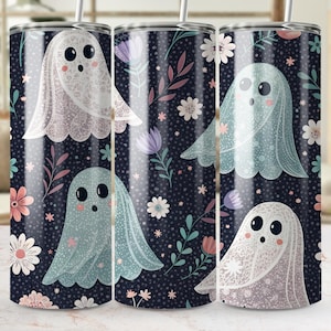 Ghost Tumbler Wrap, Spooky Kawaii Cute Ghost PNG, Floral Tumbler Design, Halloween Sublimation, Digital Download, Straight Tapered PNG Files