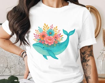 Balena floreale PNG, Clipart di balena, Sublimazione PNG, Fiore PNG, Balena acquerello, Balena boho PNG, Download digitale PNG
