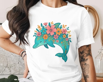 Delfín floral PNG, imágenes prediseñadas de delfines, PNG marino, delfín con flores, delfín bohemio, PNG para sublimación, descarga digital