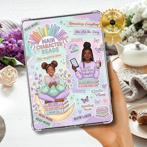 May include: A clear tablet case with a colourful design featuring illustrations of women reading, books, butterflies, and the text "Main Character Reads" and "Just One More Chapter." The case has a digital download seal.