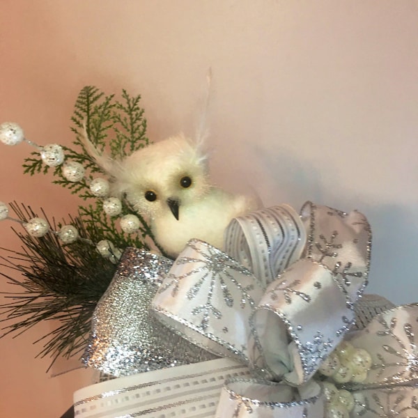 Glitzy, elegant, glamorous, and sparkly handmade Christmas snowy white and silver owl lantern swag lantern topper, lantern decoration