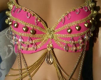 Handmade pink romantic queen bra, jewellery, gold chains, glass, belly dance, elf, club wear.