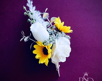 Boutonniere Lapel Pin for Prom Boutonniere for Wedding Sunflower Boutonniere for Suit Flower Pin For Rustic Wedding Rhinestone and Pearl