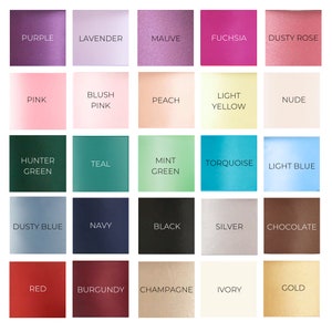 Peut inclure: Un nuancier de 25 couleurs diff&eacute;rentes, dont le violet, la lavande, le mauve, le fuchsia, le rose poudr&eacute;, le rose, le rose poudr&eacute;, la p&ecirc;che, le jaune clair, le nude, le vert chasseur, le bleu sarcelle, le vert menthe, le turquoise, le bleu clair, le bleu gris, le marine, le noir, l'argent, le chocolat, le rouge, le bordeaux, le champagne, l'ivoire et l'or.