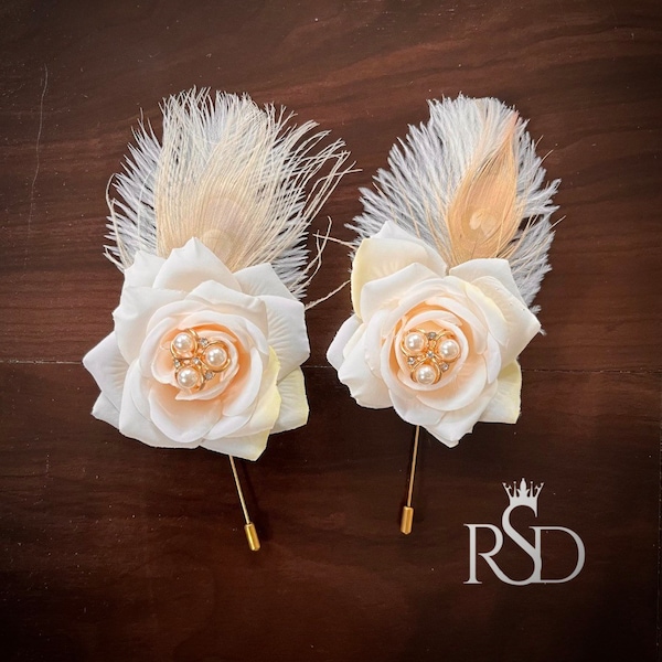 Feather and Rose Boutonniere Lapel Pin for Prom Boutonniere Rose Pin for Wedding Boutonniere for Suit Flower Pin Chest Corsage Pearl