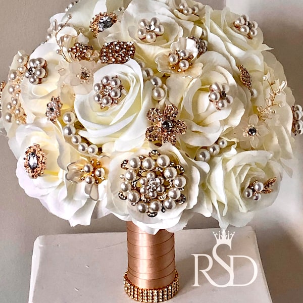 Ramo de broche para ramo de novia Ramo personalizado para boda Gatsby Ramo vintage para novia Ramo de diamantes de imitación para boda glamorosa