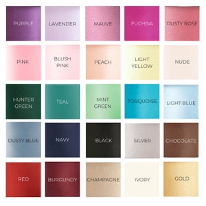 Puede incluir: Una carta de colores con 25 colores diferentes, incluyendo morado, lavanda, malva, fucsia, rosa polvoriento, rosa, rosa rubor, melocot&oacute;n, amarillo claro, nude, verde cazador, azul verdoso, verde menta, turquesa, azul claro, azul polvoriento, azul marino, negro, plata, chocolate, rojo, burdeos, champ&aacute;n, marfil y oro.