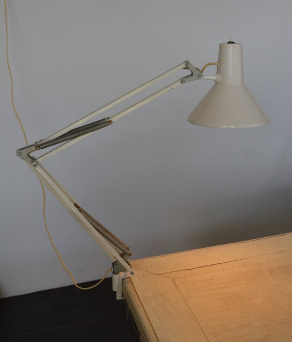 White Hcf Danish Industrial Design Articulating Desk Lamp With Clamp Made By Danmark