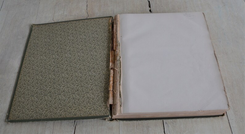 Op de afbeelding: Een oud, versleten boek met een groene, gepatroneerde omslag en een blanco witte pagina die open ligt. Het boek ligt open om de rug te laten zien, die beschadigd en versleten is.