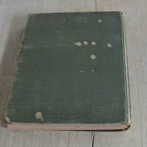 Op de afbeelding: Een donkergroen hardback boek met witte vlekken op de kaft. Het boek is gesloten en ligt op een licht houten oppervlak.