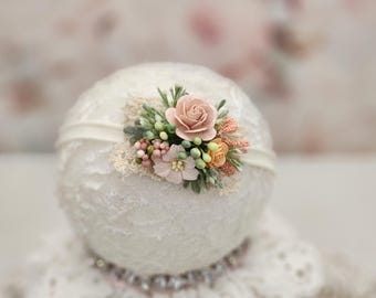 Coral Floral Baby Headband: Peach Flower Nylon Headband
