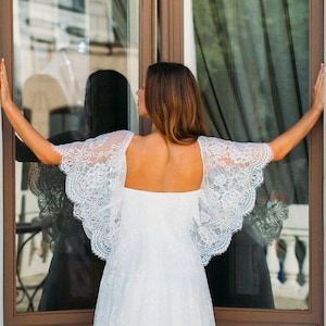 Romantic Boho Style A-line Straight Neckline Long Train Lace Wedding Dress with Butterfly Lace Sleeves and Straight Back Shape