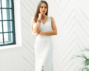 Elegant Boho Style Slim A-line Backless Long Train Lace Wedding Dress with Deep V-cut Front Neckline Shape