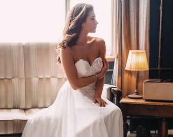 Modern Boho Style A-line Strapless Long Train Chiffon Wedding Dress with Lace Bodice part