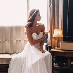 Modern Boho Style A-line Strapless Long Train Chiffon Wedding Dress with Lace Bodice part