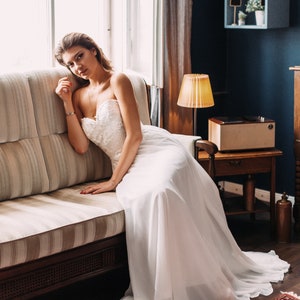 Modern Boho Style A-line Strapless Long Train Chiffon Wedding Dress with Lace Bodice part