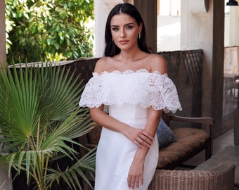 Elegant Off Shoulder Boho Style Inspired Taffeta Wedding Dress with Detachable Train and Lace Edge Details