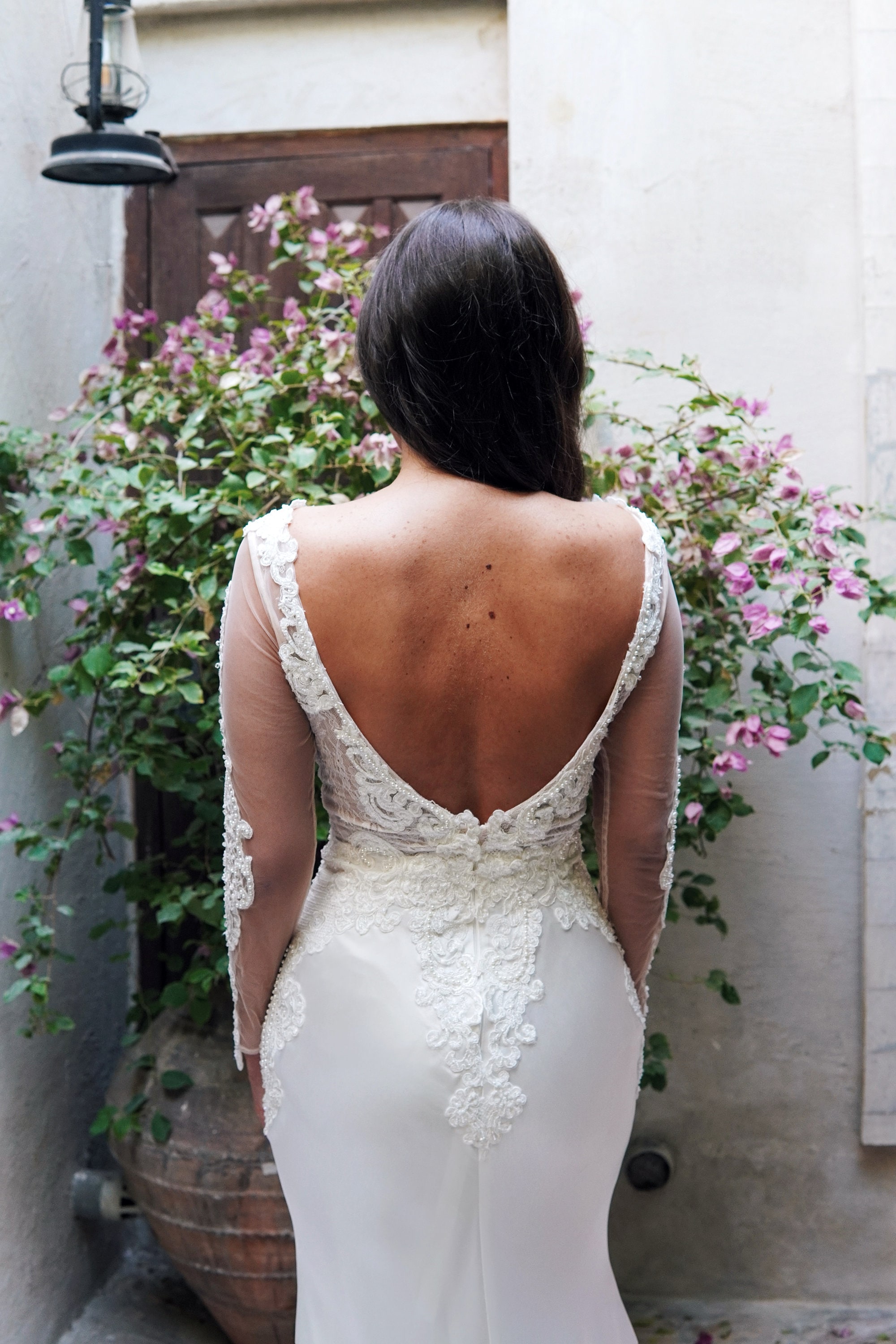 Stunning Boho Style Tight Fitting Wedding Dress Featuring Long Sleeves, Beaded Bodice Part and Open Back