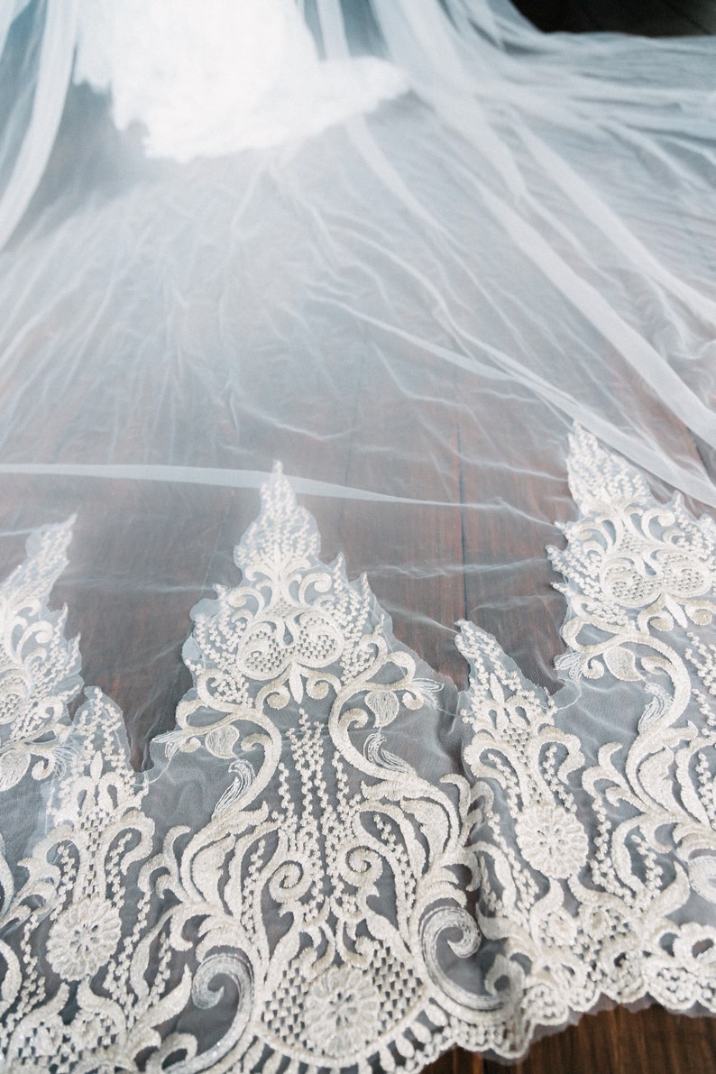 Stunning Two-tier Royal Length Champagne Color Tulle Veil Featuring Wide Golden Scalloped Edges and Attached to Comb