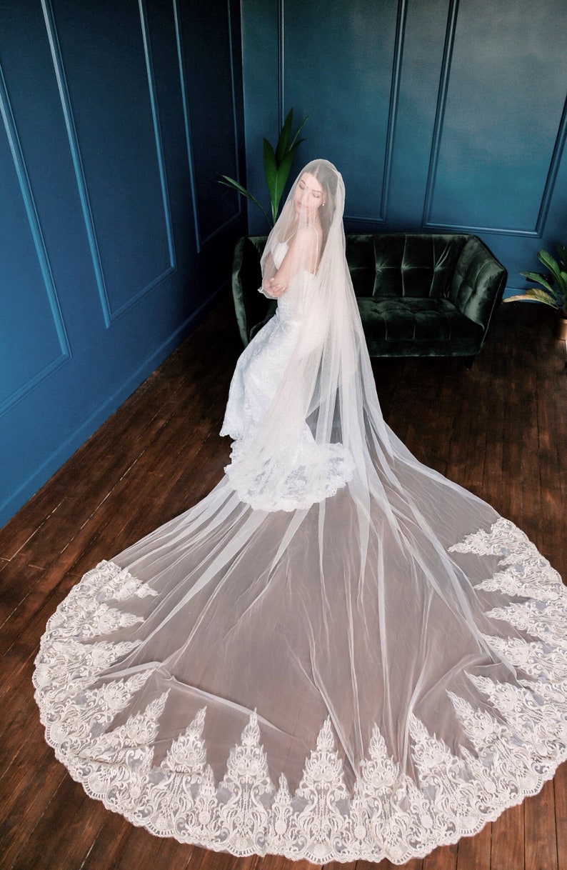 Stunning Two-tier Royal Length Champagne Color Tulle Veil Featuring Wide Golden Scalloped Edges and Attached to Comb