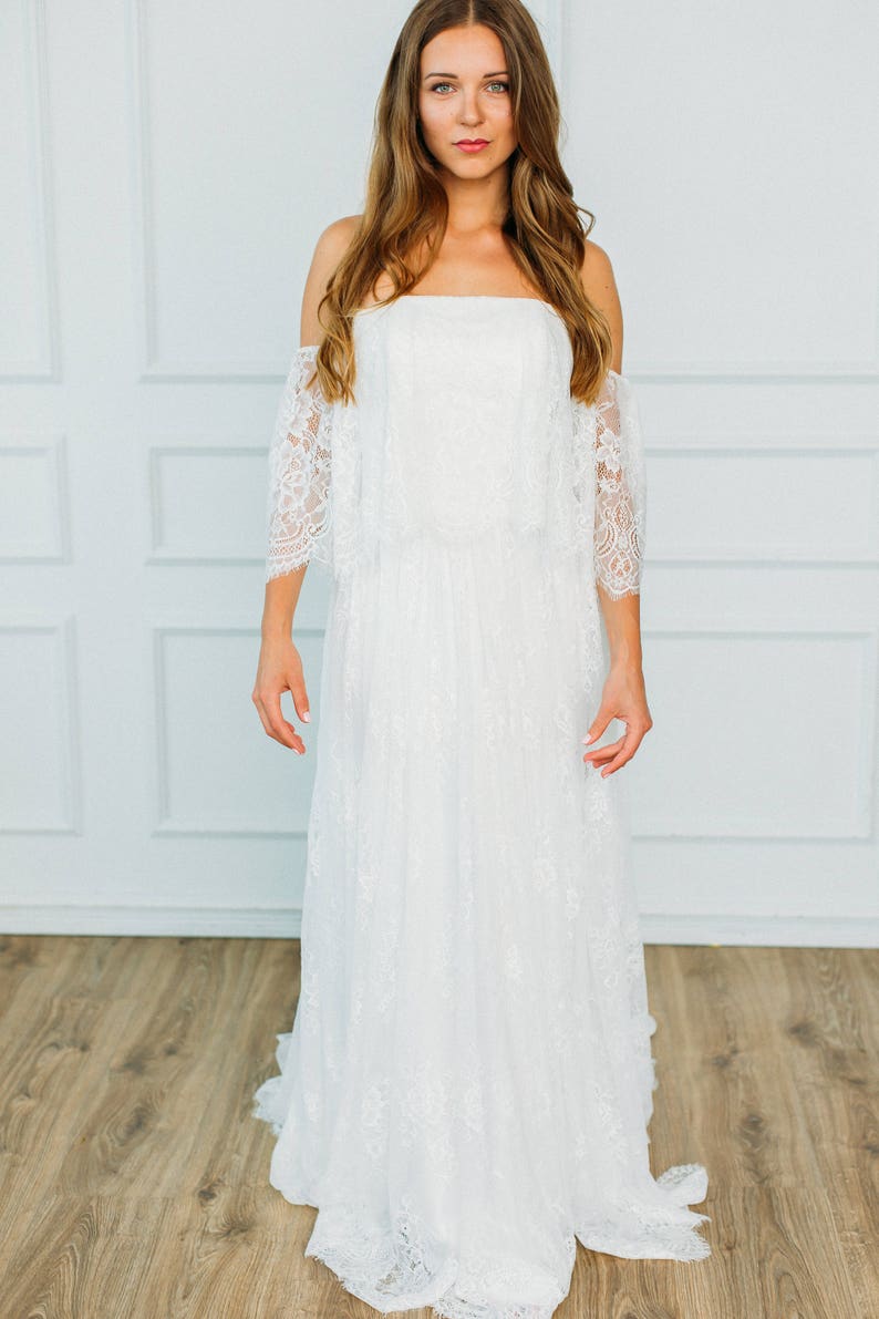 Boho Style A-line Off-shoulder Long Tail Lace Wedding Dress image 4