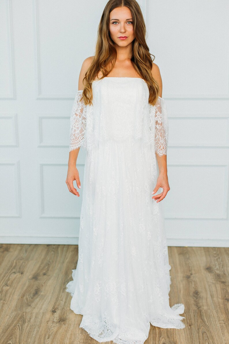 White Boho Long A Line Lace Off The Shoulder Wedding Dress with Slit