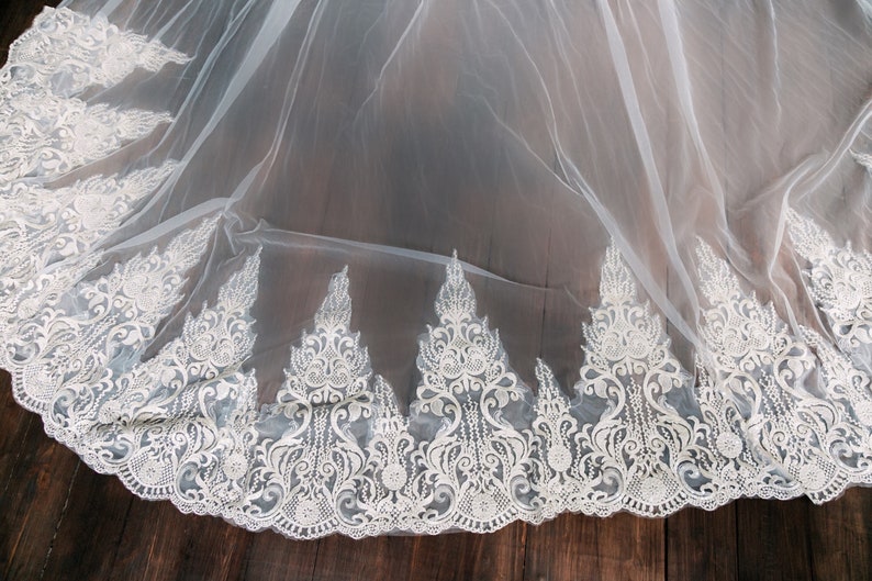 Stunning Two-tier Royal Length Champagne Color Tulle Veil Featuring Wide Golden Scalloped Edges and Attached to Comb
