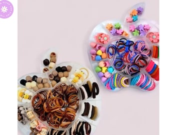 Apple Shape Hair Accessories Set – 2 Boxes with 200+ Rubber Bands & Clips for Kids