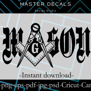 Digital files: Freemason &quot;Mason&quot; text design with Square and Compasses * Cricut, Silhouette Cameo, SVG,DFX,PSD,eps,jpg * Instant Download