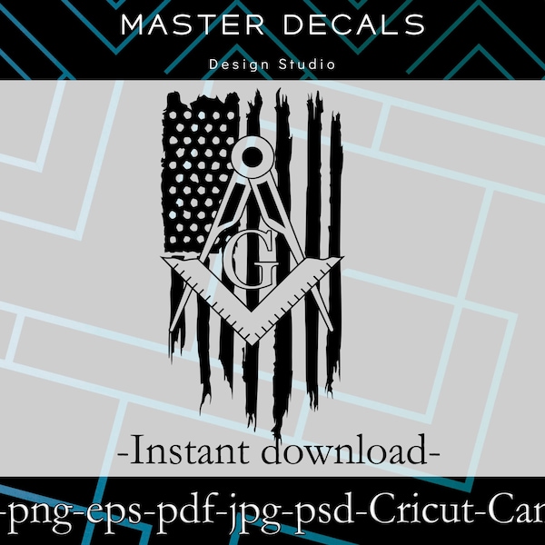 Digital Files: tattered US flag with masonic square and compasses * SVG,Cricut,eps,png,jpg,pdf,psd,Silhouette Cameo* Instant Download