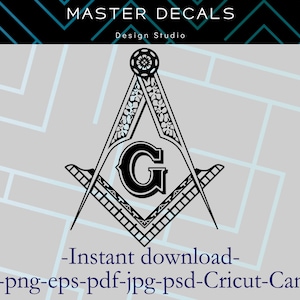 May include: Black and white illustration of a compass and square with a letter G in the center. The image is surrounded by a decorative border. The text "MASTER DECALS Design Studio" and "Instant download- svg-png-eps-pdf-jpg-psd-Cricut-Cameo" are below the image.