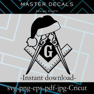 Digital files:  Christmas Freemason Square and Compasses with Santa hat  * SVG, PNG, jpg, pdf, Cricut * Instant Download