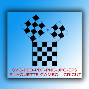 May include: A black and white checkered design in the shape of a right angle. The text "SVG-PSD-PDF-PNG-JPG-EPS SILHOUETTE CAMEO - CRICUT" is below the design.
