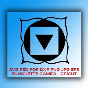 May include: Black and white illustration of a geometric symbol with a triangle inside a square. The symbol is surrounded by a circle with a flower-like design. The text "SVG-PSD-PDF-DXF-PNG-JPG-EPS SILHOUETTE CAMEO - CRICUT" is below the symbol.