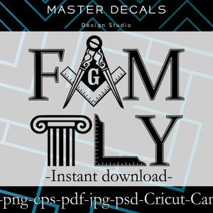 Digital files: Freemason &quot;FAMILY &quot; text design with Square and Compasses * SVG,Cricut, Silhouette Cameo,PSD,eps,jpg * Instant Download