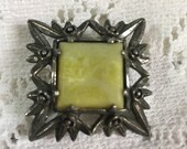 Celtic Miracle Signed Green Agate Style Square Silvertone Brooch -plaid Shawl