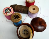 Vintage Haberdashery Collection Treen Needle Case Thimble Cotton Reels Tape measure