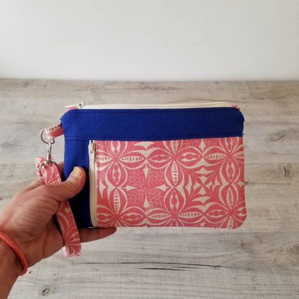 Pochette téléphone coton rose et bleue imprimée à la main/ Pochette graphique double poche anse amovible