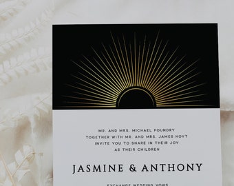 Gold & Black Art Deco Sunburst Wedding Invitation Set; Sunburst Wedding Invitation; Roaring 20's; Editable Template; Printable