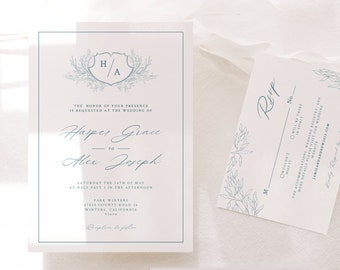 Monogram Crest Wedding Invitation Set; Classic Wedding Invitation; Customize Change Colors; Editable Template; Printable