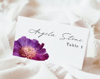 GEMMA | Purple Floral Place Card; Purple Name Card; Tent Card; Tent Card Template; Minimalist; Editable Template; Printable