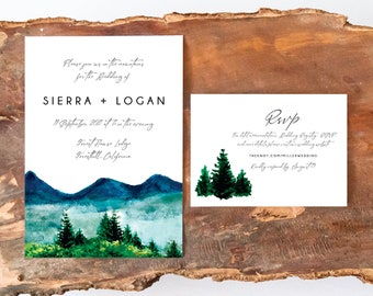 SIERRA | Mountain Wedding Invitation Set; Forest Wedding Invitation; Watercolor Mountain Wedding; Editable Template; Printable