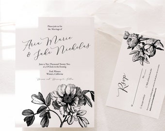 Vintage Botanical Peony Wedding Invitation Set; Peony Wedding Invitation Vintage Floral Invitation; Printable