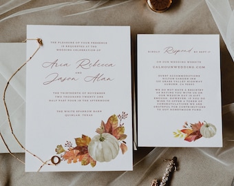 ARIA | White Pumpkin Wedding Invitation Set; Fall Wedding Invitation; Autumn Pumpkin Wedding; Editable Template; Printable
