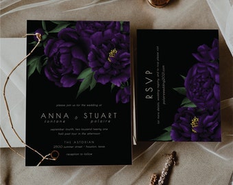 Purple Peony Wedding Invitation Set; Moody Wedding Invitation; Purple Wedding Invitation Set; Editable Template; Printable