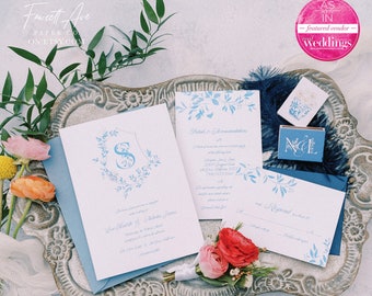 Elegant Blue Monogram Wedding Invitation; Blue Wedding Invitation; Crest and Monogram Wedding Invitation; Editable; Printable; Download