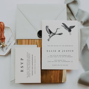Crane Wedding Invitation Set; Bird Wedding Invitation; Nature Wedding Invitation; Editable Template; Printable