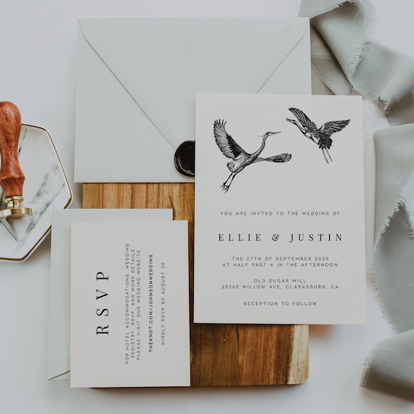 Crane Wedding Invitation Set; Bird Wedding Invitation; Nature Wedding Invitation; Editable Template; Printable